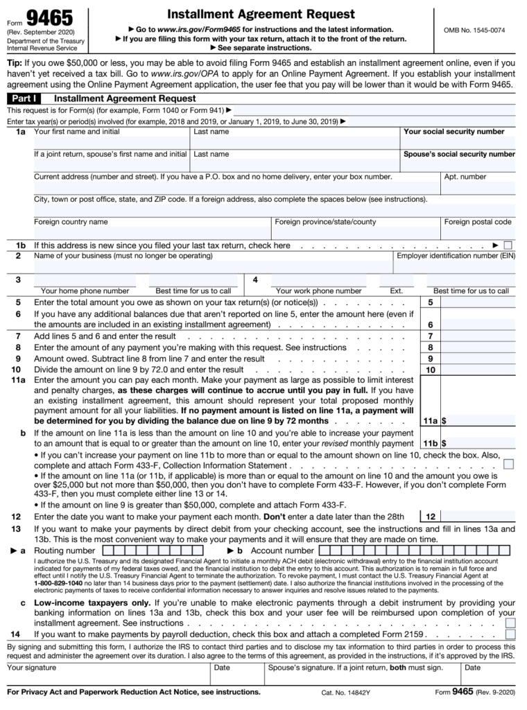 IRS Form 9465 Repayment Agreement Request