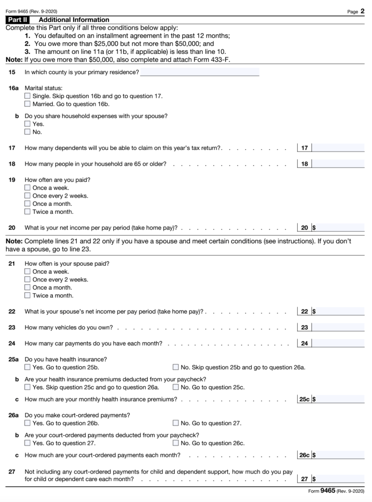 IRS Form 9465 Repayment Agreement Request 2025