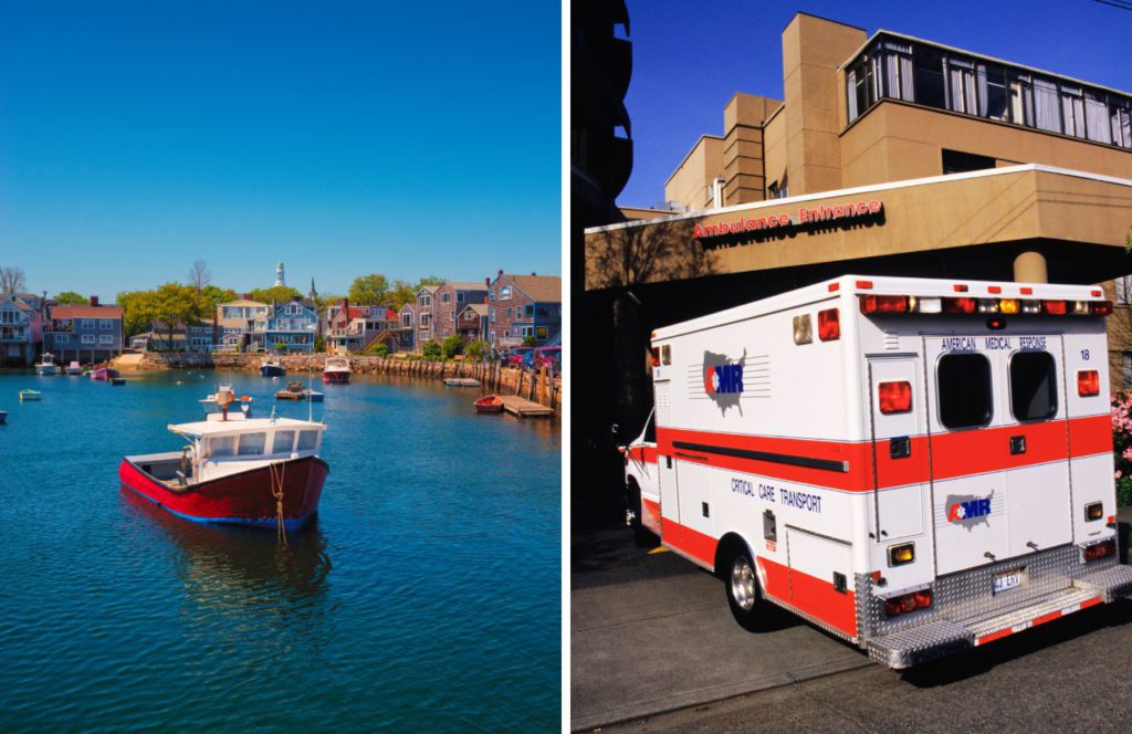 Massachusetts Town Hospital with seaside village and Ambulance. Keep reading to know Where Nurses Make the Most Money in America