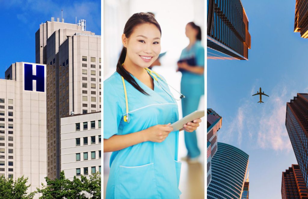 Traveling Nurse with Hospital, City and Airplane in the background. Keep reading to know Where Nurses Make the Most Money in America