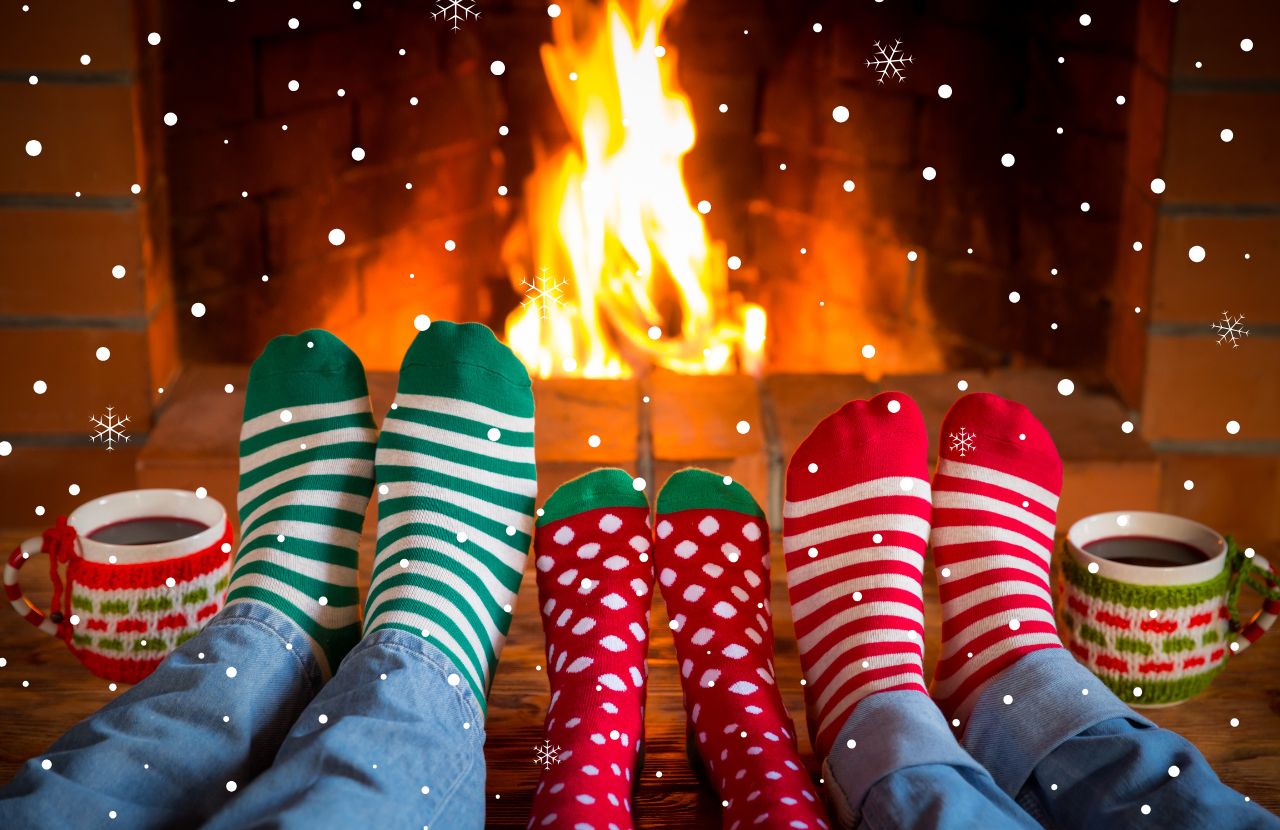 Christmas Shopping Savings Tips with Holiday Socks in Front of Fireplace