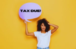 TAX DUE with Black lady with shocked face What to Bring to Tax Appointment