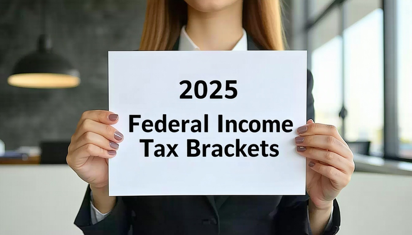 Tax professional holding a sign detailing the 2025 federal income tax brackets, ready to help you navigate the latest tax changes.