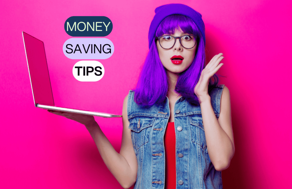 Money Saving Tips for Millennials with Purple Hair Hipster Lady on Computer